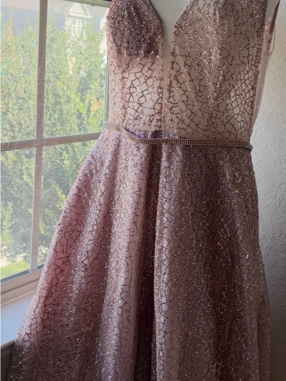 Dancing Queen Blush Pink Glitter A-Line Formal Dress with Beaded Waist